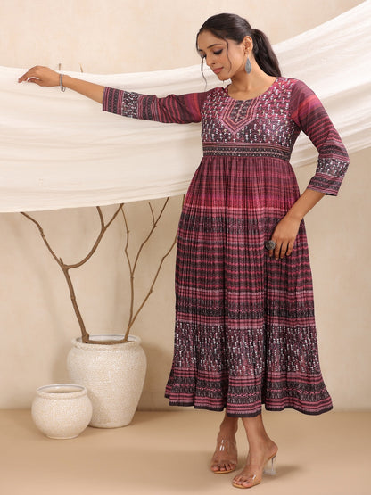 Purple Muslin Maxi Dress With Ethnic Motif Print With Sequins & Beads Work