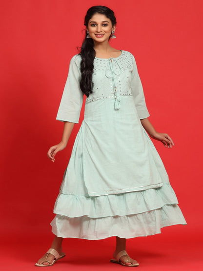 Sage Green Cotton Embroidered Layered Maxi Dress With Dori Tassels