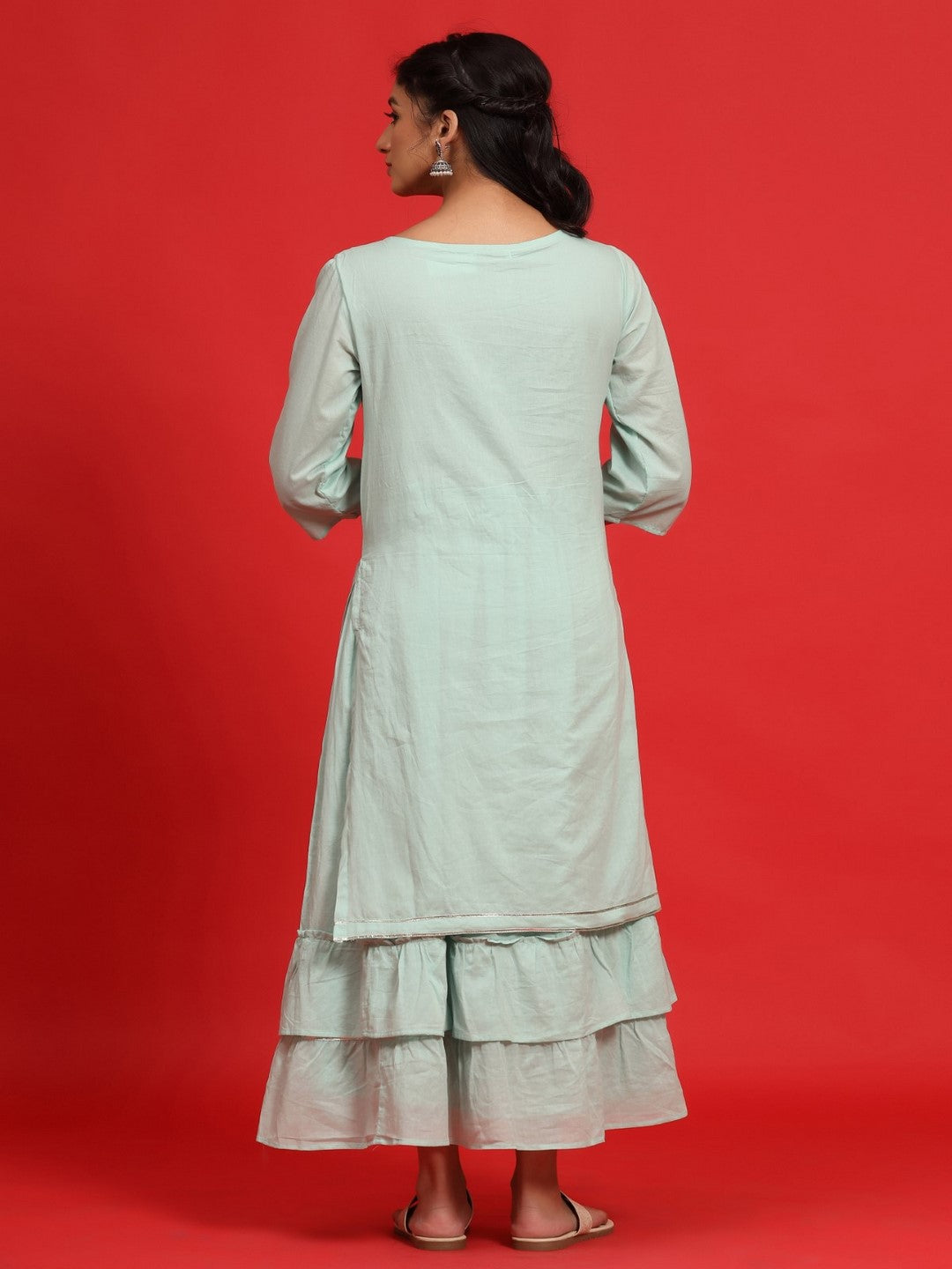 Sage Green Cotton Embroidered Layered Maxi Dress With Dori Tassels