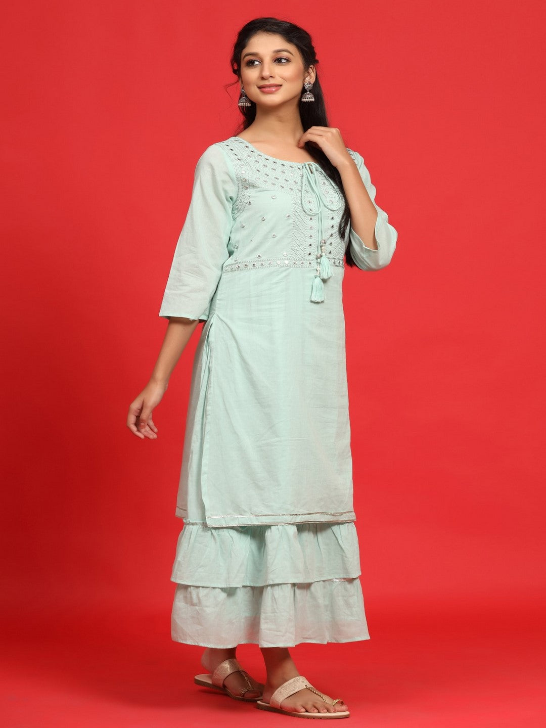 Sage Green Cotton Embroidered Layered Maxi Dress With Dori Tassels