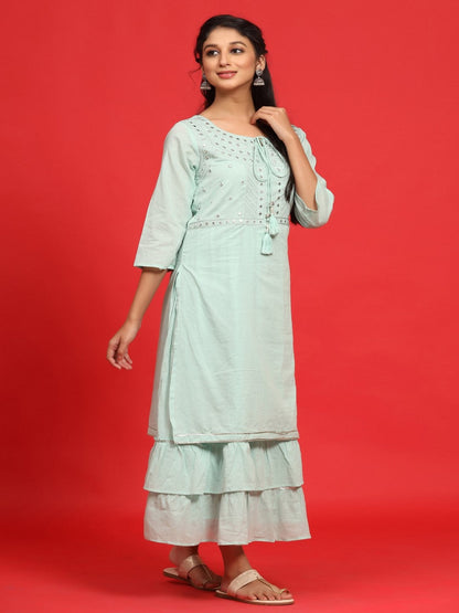 Sage Green Cotton Embroidered Layered Maxi Dress With Dori Tassels
