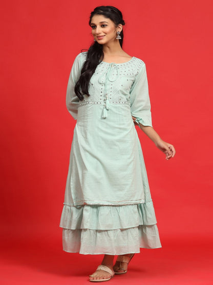 Sage Green Cotton Embroidered Layered Maxi Dress With Dori Tassels
