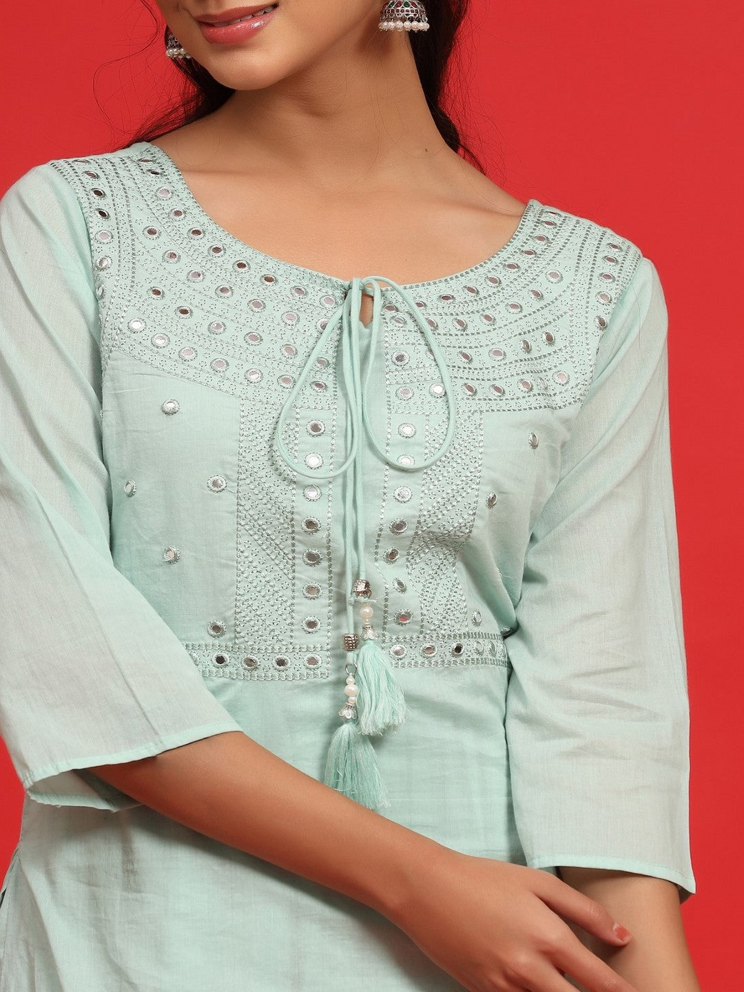 Sage Green Cotton Embroidered Layered Maxi Dress With Dori Tassels