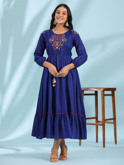 Indigo Floral Embroidered Cotton Dobby Tiered Maxi Dress With Kaudis & Colorful Tassels