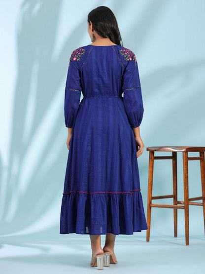 Indigo Floral Embroidered Cotton Dobby Tiered Maxi Dress With Kaudis & Colorful Tassels