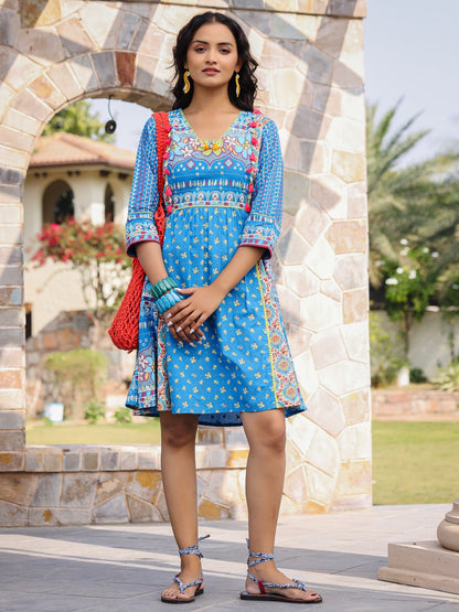 Blue Floral Printed Pure Cotton Dress With Beads & Sequins Work