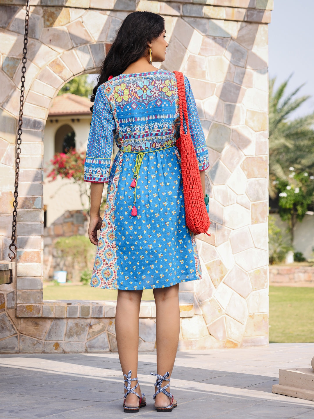 Blue Floral Printed Pure Cotton Dress With Beads & Sequins Work