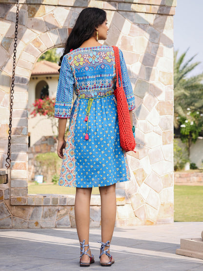 Blue Floral Printed Pure Cotton Dress With Beads & Sequins Work