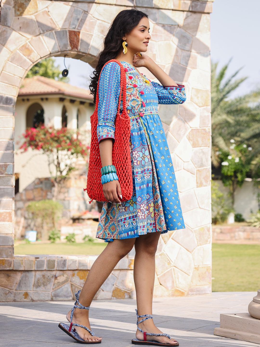 Blue Floral Printed Pure Cotton Dress With Beads & Sequins Work