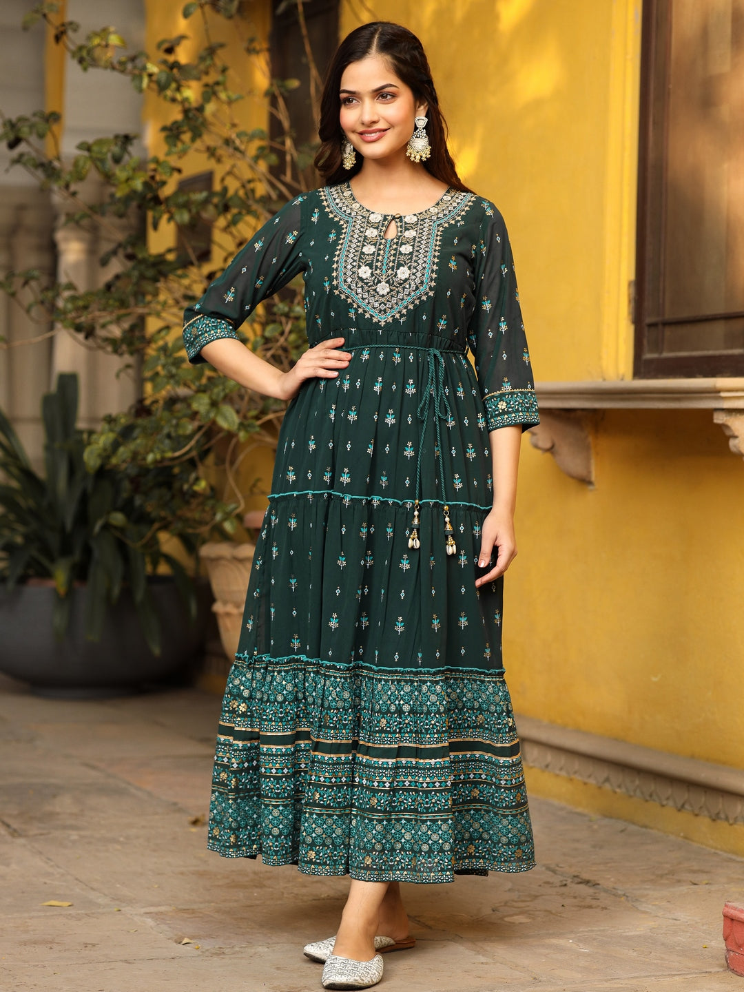 Green Ethnic Motif Printed Georgette Maxi Dress & Dori With Thread Work