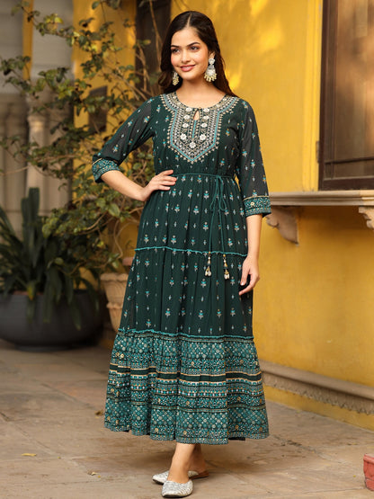 Green Ethnic Motif Printed Georgette Maxi Dress & Dori With Thread Work
