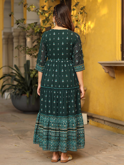 Green Ethnic Motif Printed Georgette Maxi Dress & Dori With Thread Work