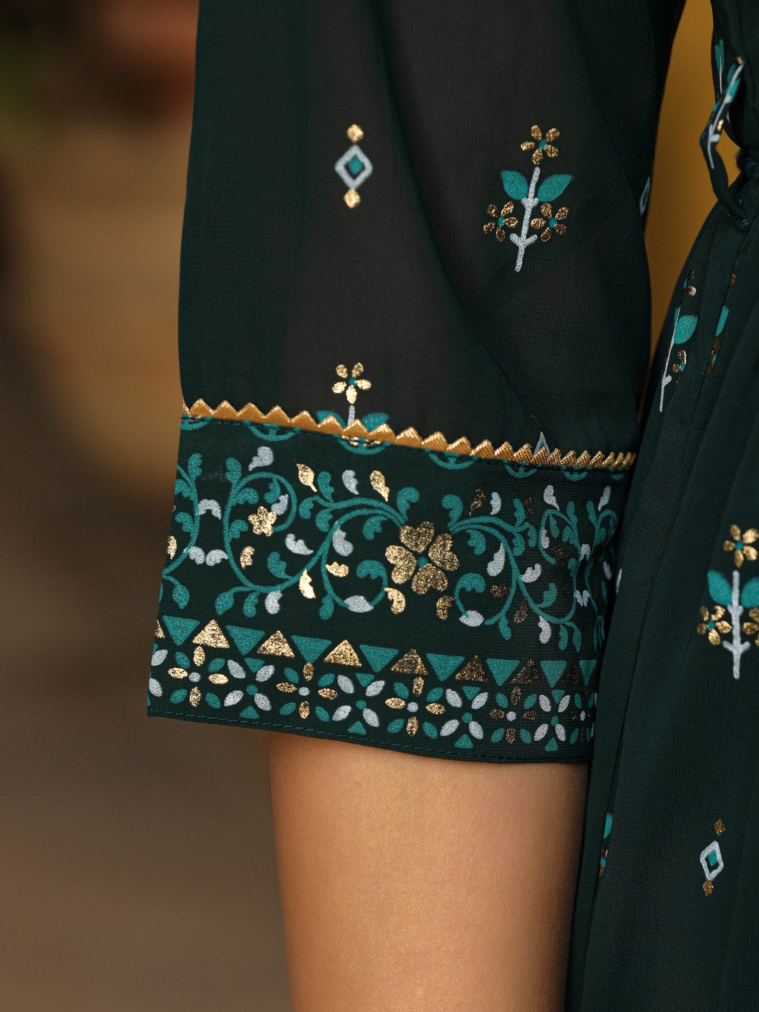 Green Ethnic Motif Printed Georgette Maxi Dress & Dori With Thread Work