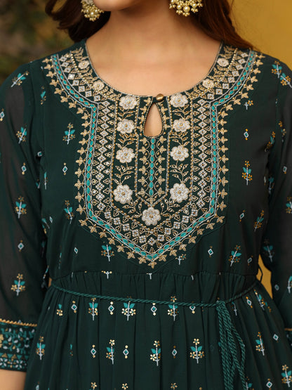 Green Ethnic Motif Printed Georgette Maxi Dress & Dori With Thread Work