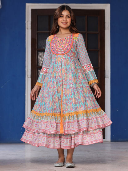 Sky Blue Cotton Ikat Printed Maxi Dress With Thread Embroidery & Dori Tassel Tie-Up At Waist