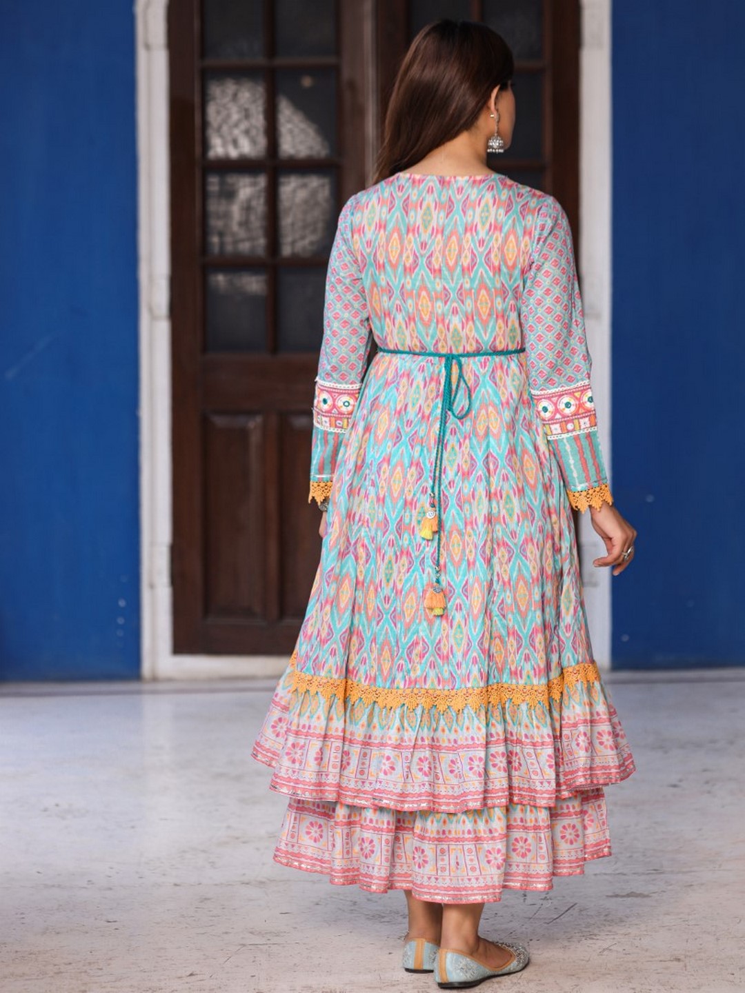 Sky Blue Cotton Ikat Printed Maxi Dress With Thread Embroidery & Dori Tassel Tie-Up At Waist