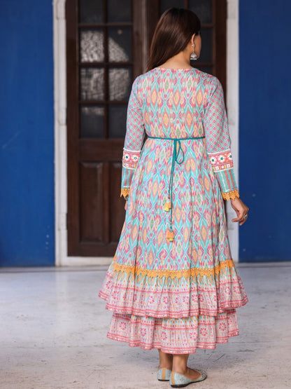 Sky Blue Cotton Ikat Printed Maxi Dress With Thread Embroidery & Dori Tassel Tie-Up At Waist