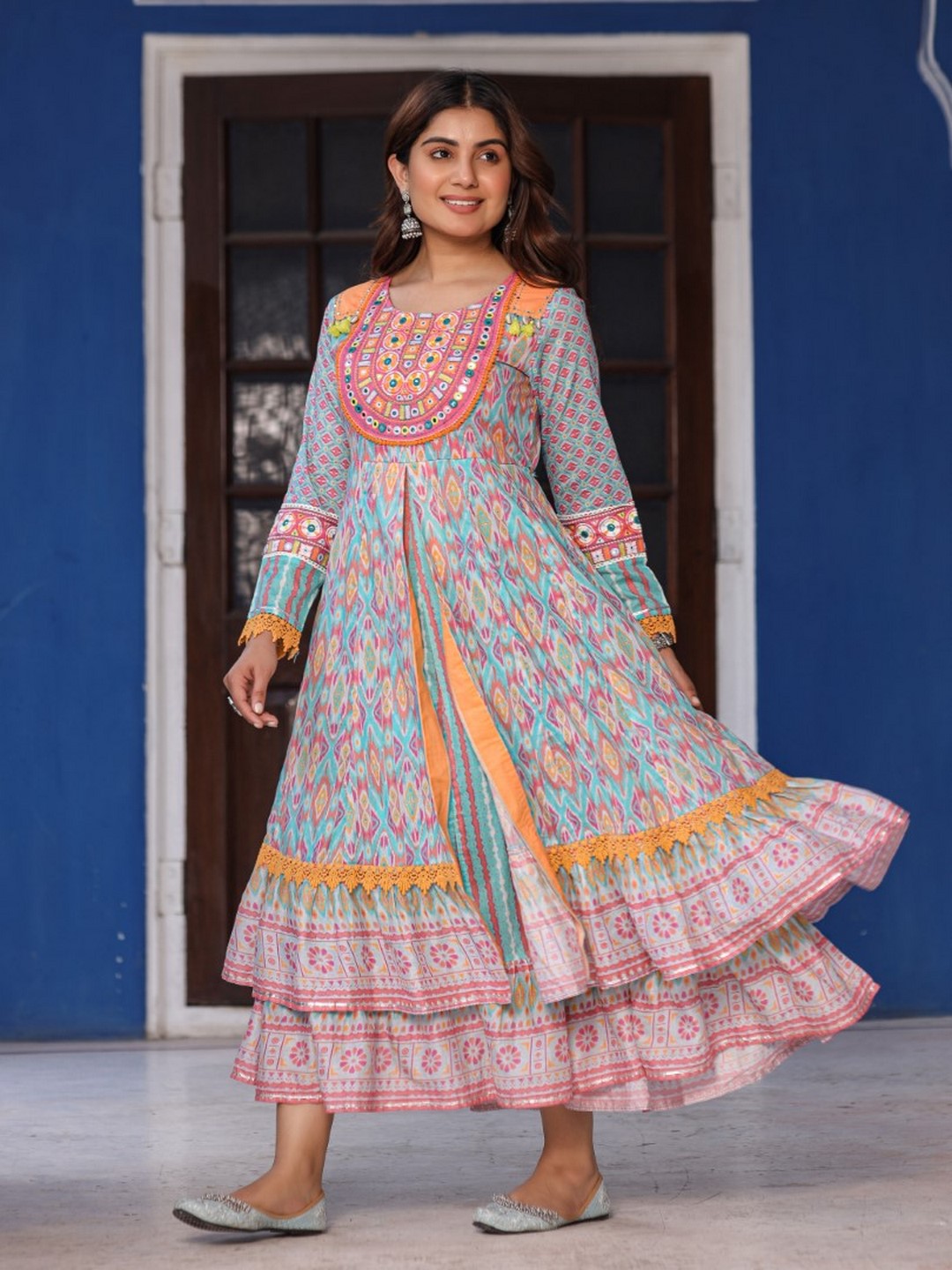 Sky Blue Cotton Ikat Printed Maxi Dress With Thread Embroidery & Dori Tassel Tie-Up At Waist