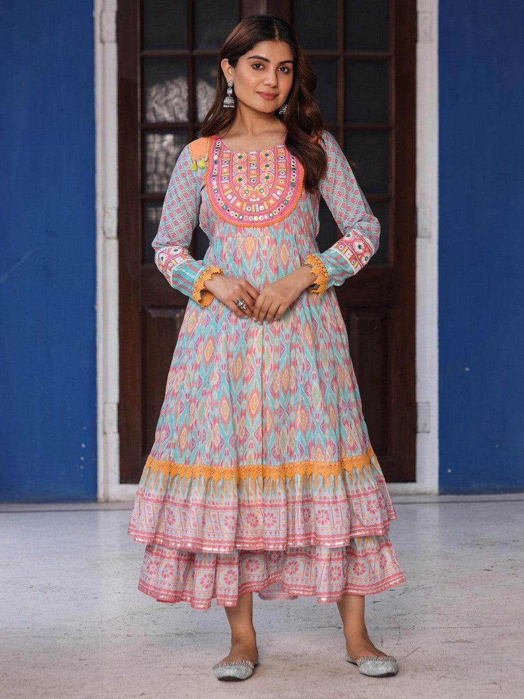 Sky Blue Cotton Ikat Printed Maxi Dress With Thread Embroidery & Dori Tassel Tie-Up At Waist
