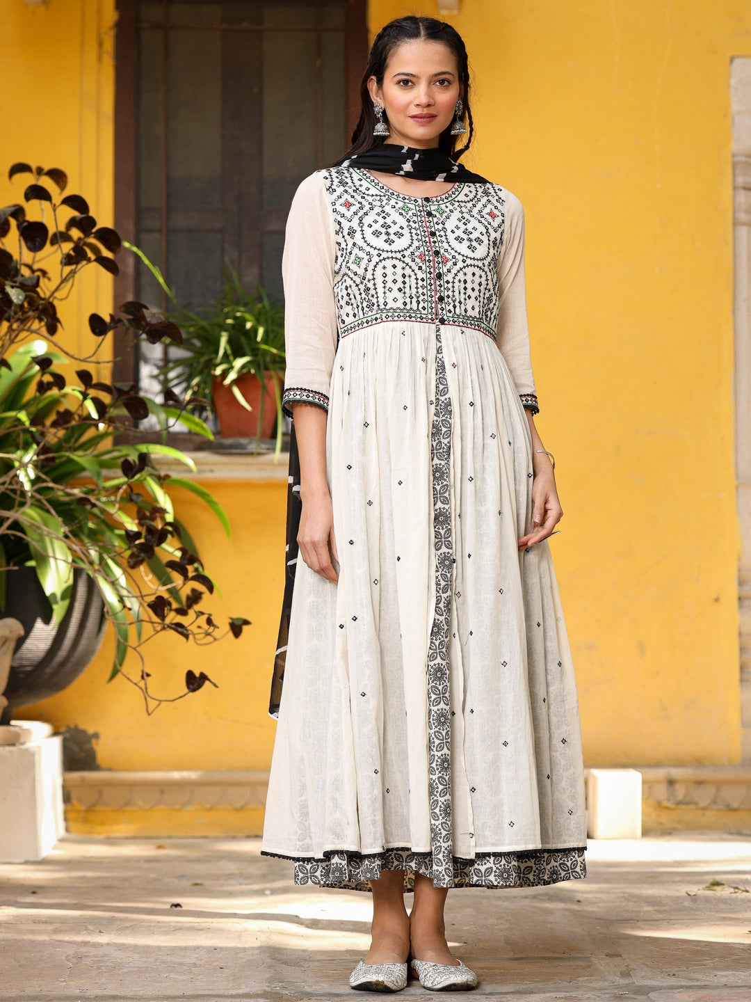 Off-White & Black Cotton  Embroidered Anarkali Dress With Jacket & Tie-Dye Dupatta