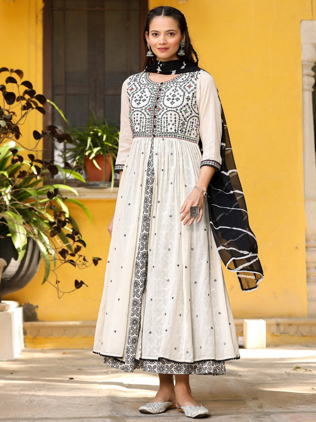 Off-White & Black Cotton  Embroidered Anarkali Dress With Jacket & Tie-Dye Dupatta