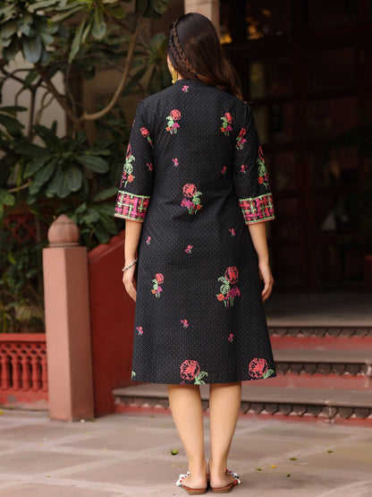 Black Floral Printed A-Line Pleated Cotton Dress With Kantha Work & Tassels
