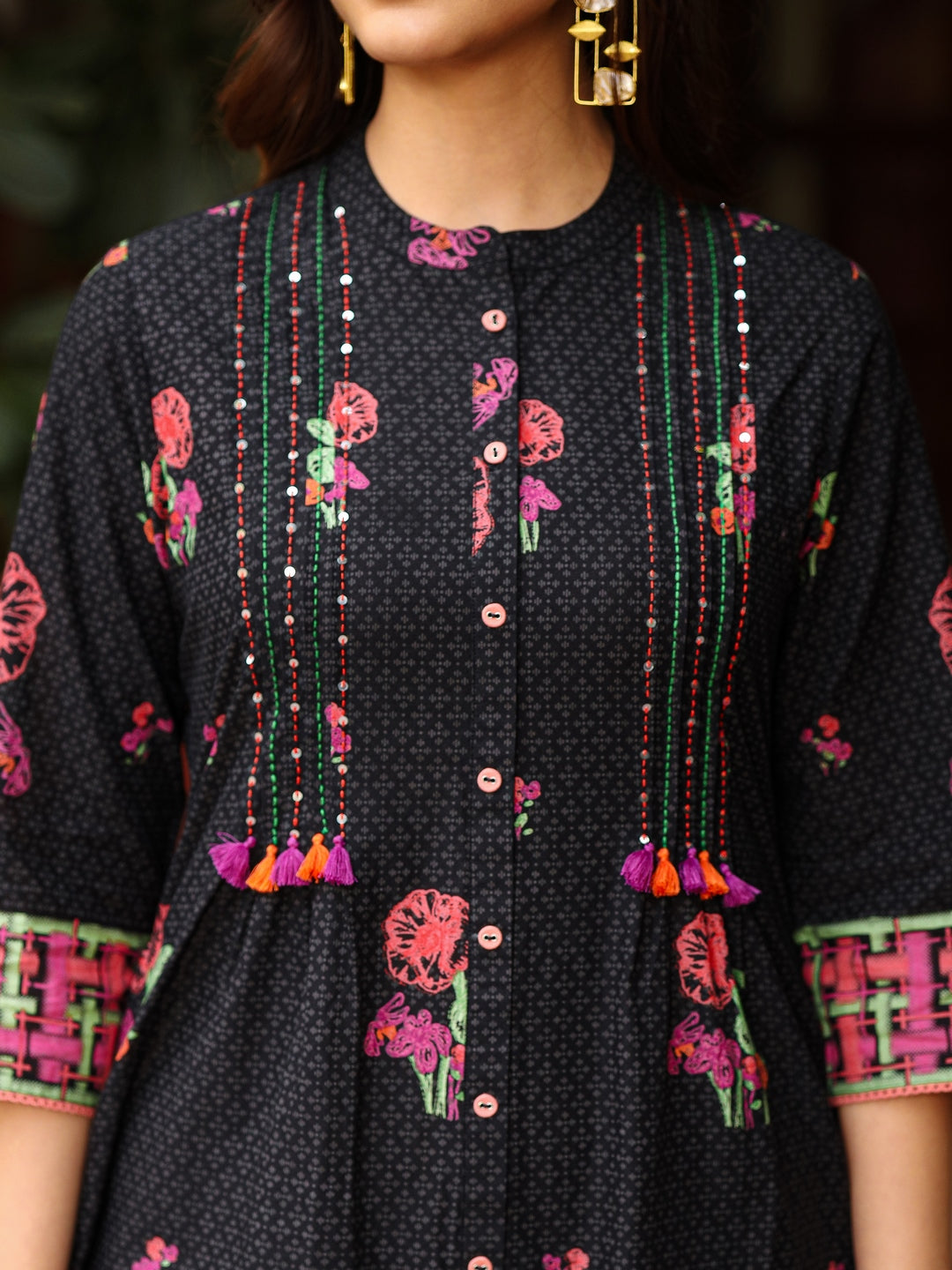 Black Floral Printed A-Line Pleated Cotton Dress With Kantha Work & Tassels