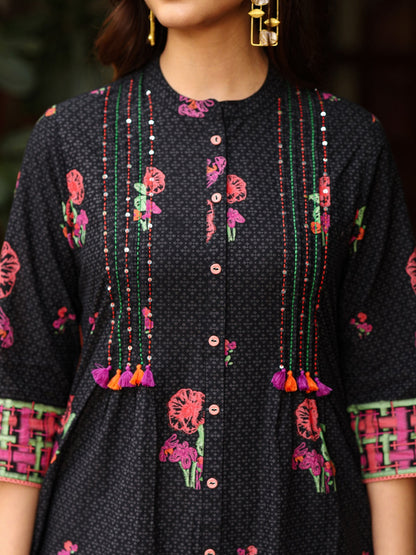 Black Floral Printed A-Line Pleated Cotton Dress With Kantha Work & Tassels