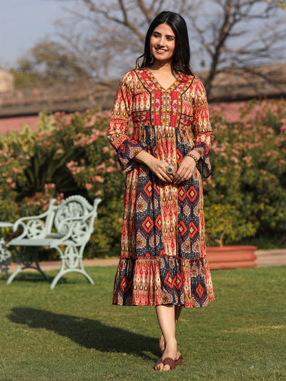Rust Ikat Printed Cotton Maxi Dress With Embroidered Neckline
