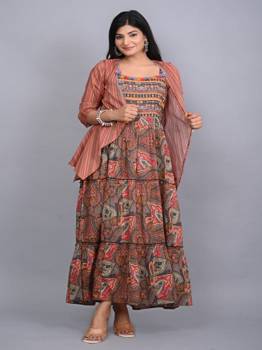 Multi Colored Cotton Ethnic Motif Maxi Dress With Shrug