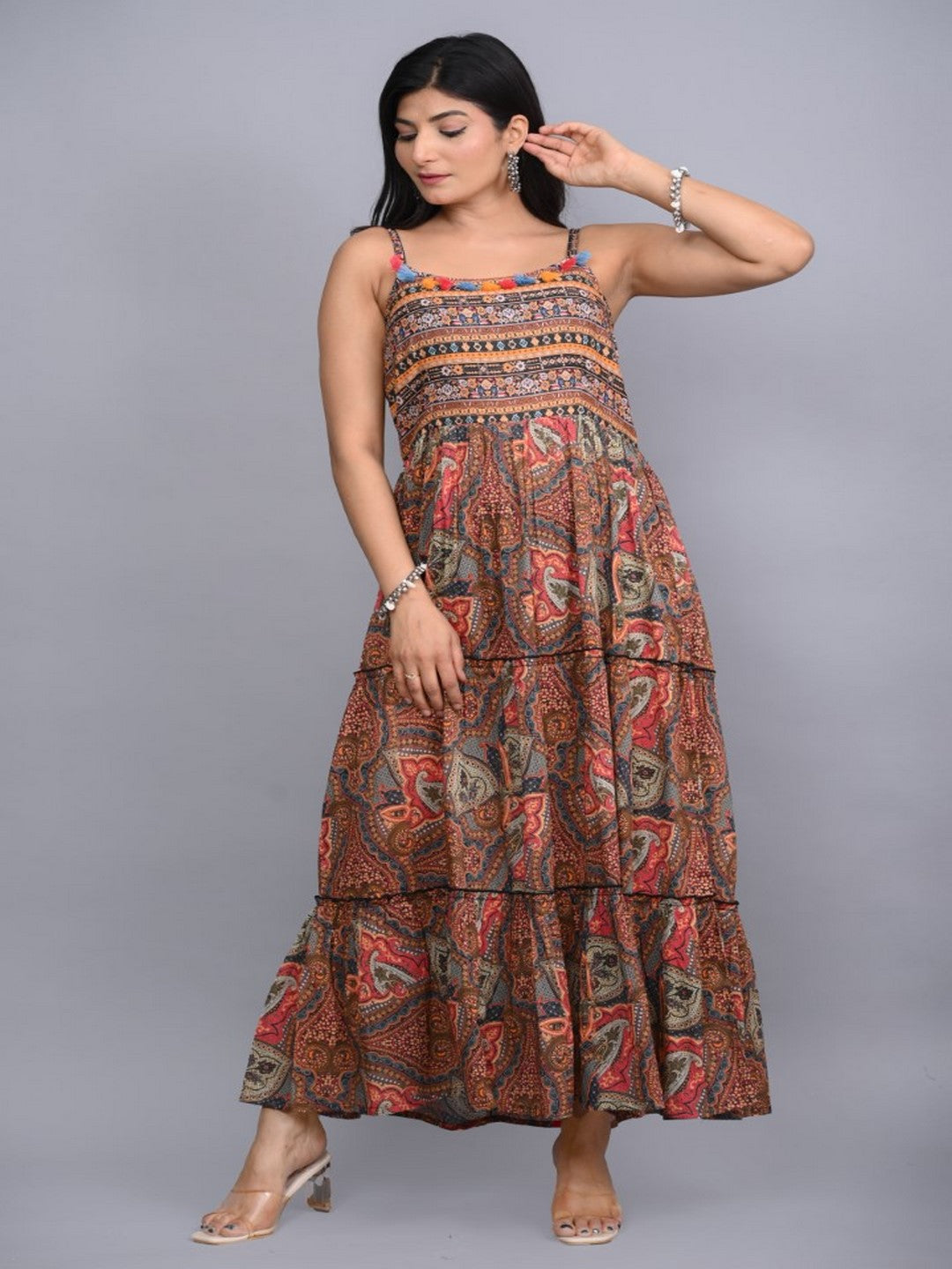 Multi Colored Cotton Ethnic Motif Maxi Dress With Shrug