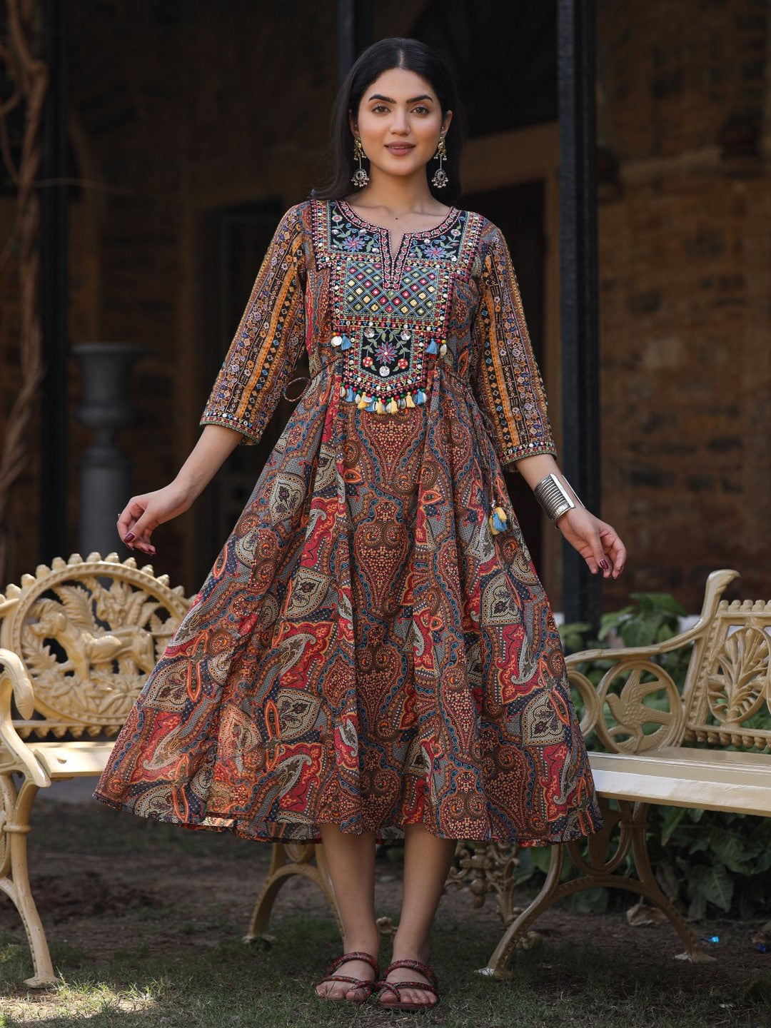 Multi Colored Cotton Ethnic Motif Printed Maxi Dress With Embroidered Yoke