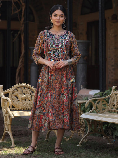 Multi Colored Cotton Ethnic Motif Printed Maxi Dress With Embroidered Yoke