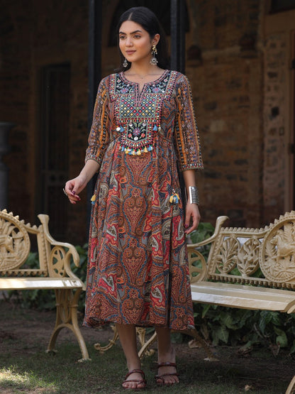 Multi Colored Cotton Ethnic Motif Printed Maxi Dress With Embroidered Yoke