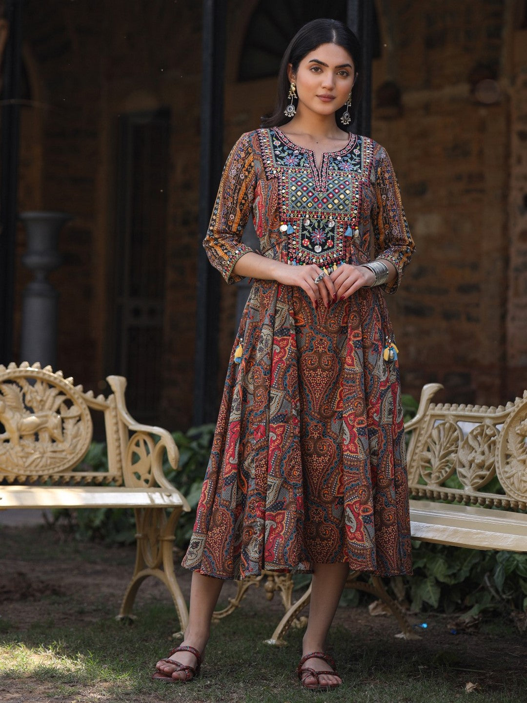 Multi Colored Cotton Ethnic Motif Printed Maxi Dress With Embroidered Yoke