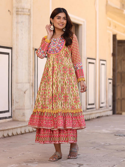 Green Cotton Ikat Printed Layered Maxi Dress With Thread Embroidery & Dori Tassel Tie-Up At Waist