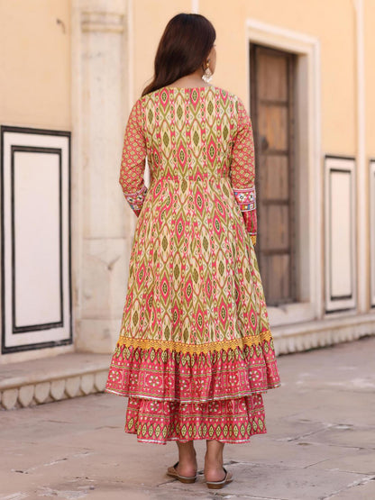 Green Cotton Ikat Printed Layered Maxi Dress With Thread Embroidery & Dori Tassel Tie-Up At Waist