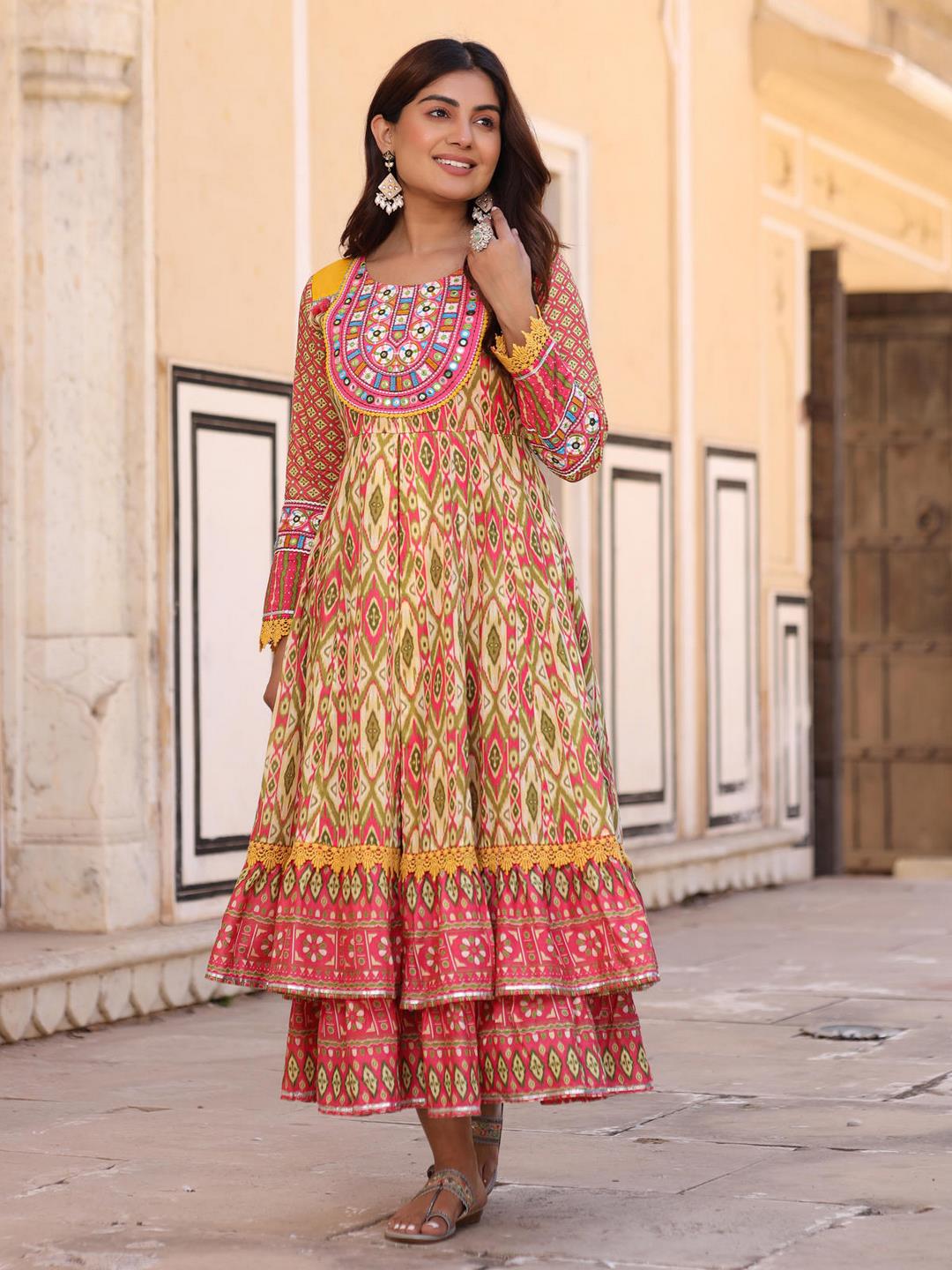 Green Cotton Ikat Printed Layered Maxi Dress With Thread Embroidery & Dori Tassel Tie-Up At Waist