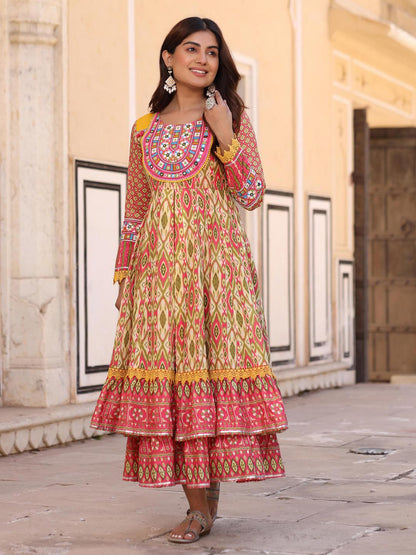 Green Cotton Ikat Printed Layered Maxi Dress With Thread Embroidery & Dori Tassel Tie-Up At Waist