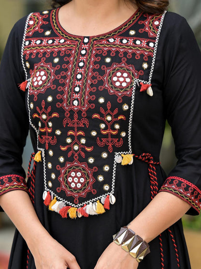 Black Thread Embroidered Liva Rayon A-Line Dress With Tassel Kaudis & Doris At Waist