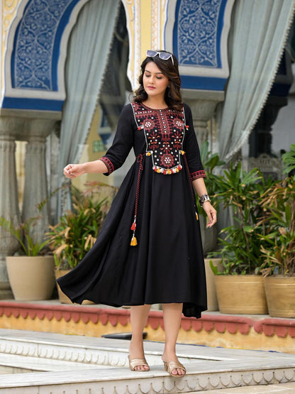 Black Thread Embroidered Liva Rayon A-Line Dress With Tassel Kaudis & Doris At Waist