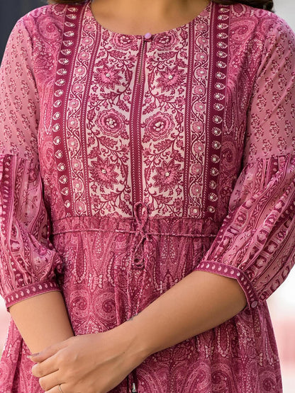 Onion Pink Ethnic Motif Printed Georgette Gathers Maxi Dress With Sequins & Doris