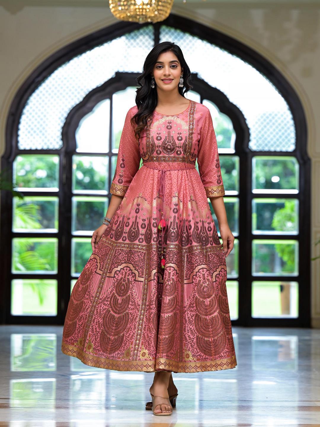Onion Pink Santoon Printed Fit & Flare Maxi Dress With Beads & Dori On Waist