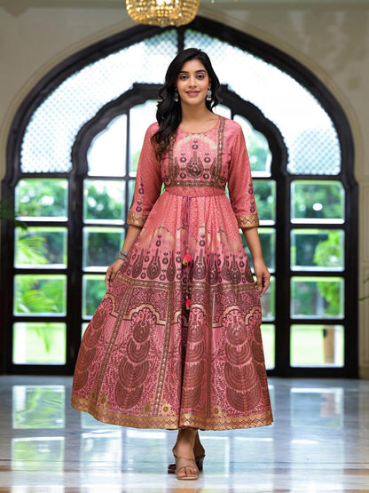 Onion Pink Santoon Printed Fit & Flare Maxi Dress With Beads & Dori On Waist