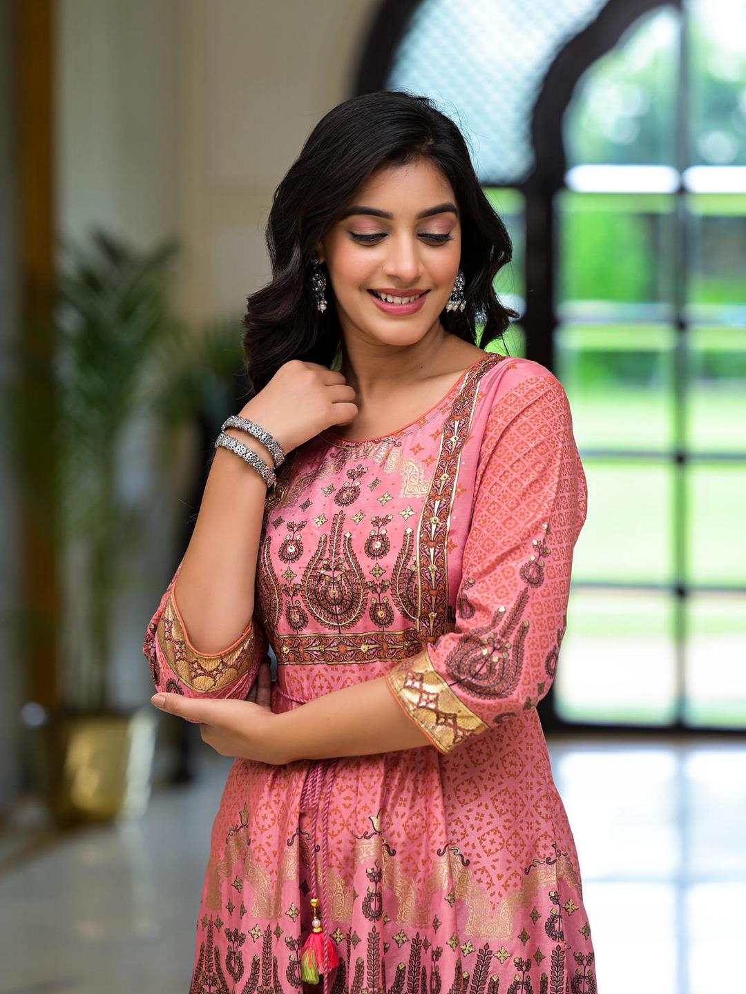 Onion Pink Santoon Printed Fit & Flare Maxi Dress With Beads & Dori On Waist