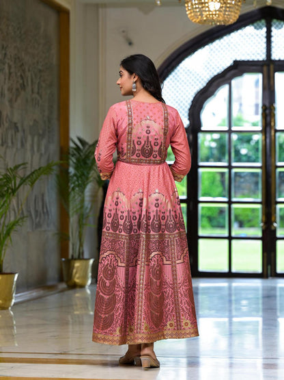 Onion Pink Santoon Printed Fit & Flare Maxi Dress With Beads & Dori On Waist