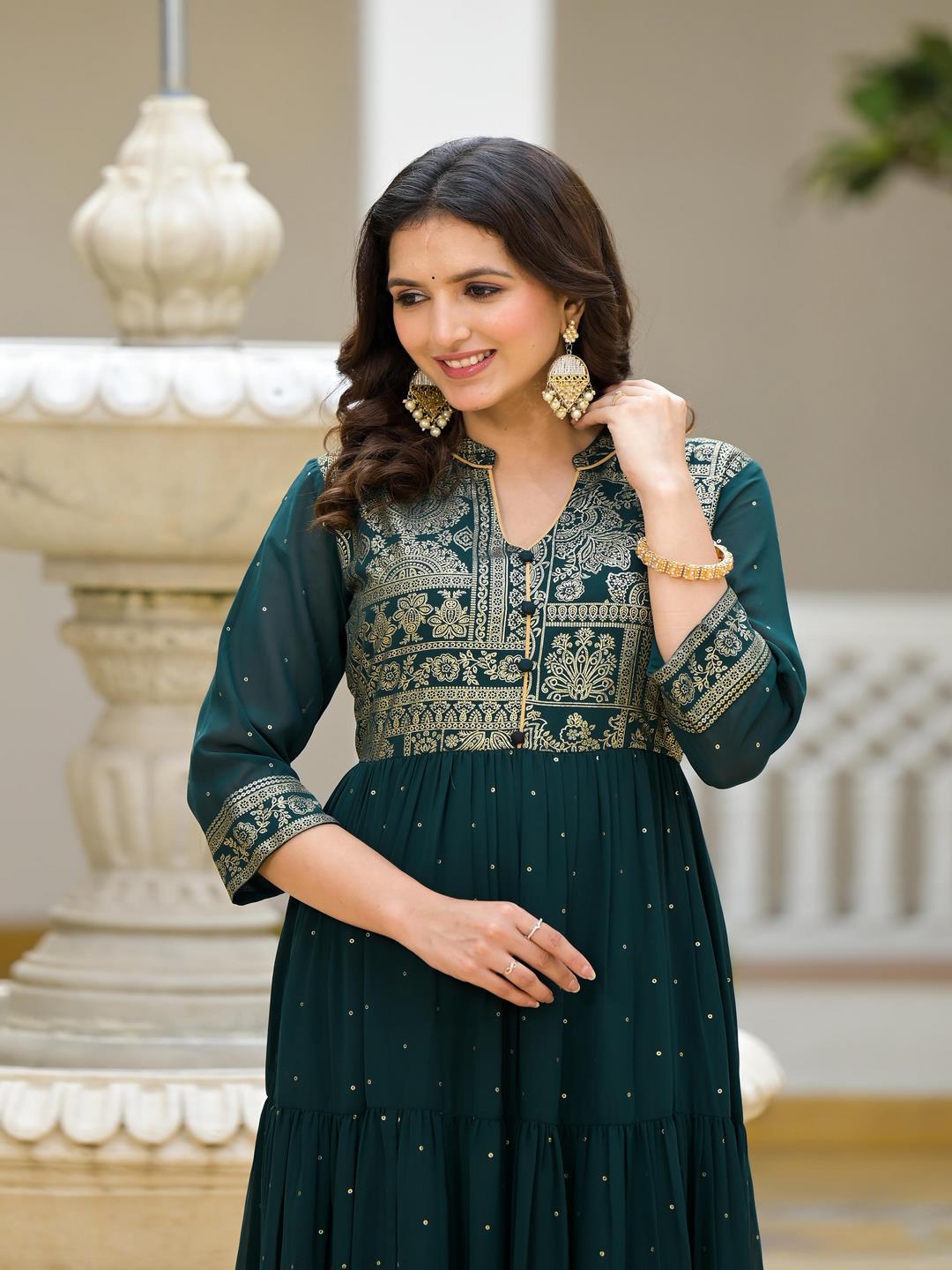 Green Floral Printed Georgette Dress With Sequins Trendphoria Green Floral Printed Georgette Dress With Sequins Trendphoria