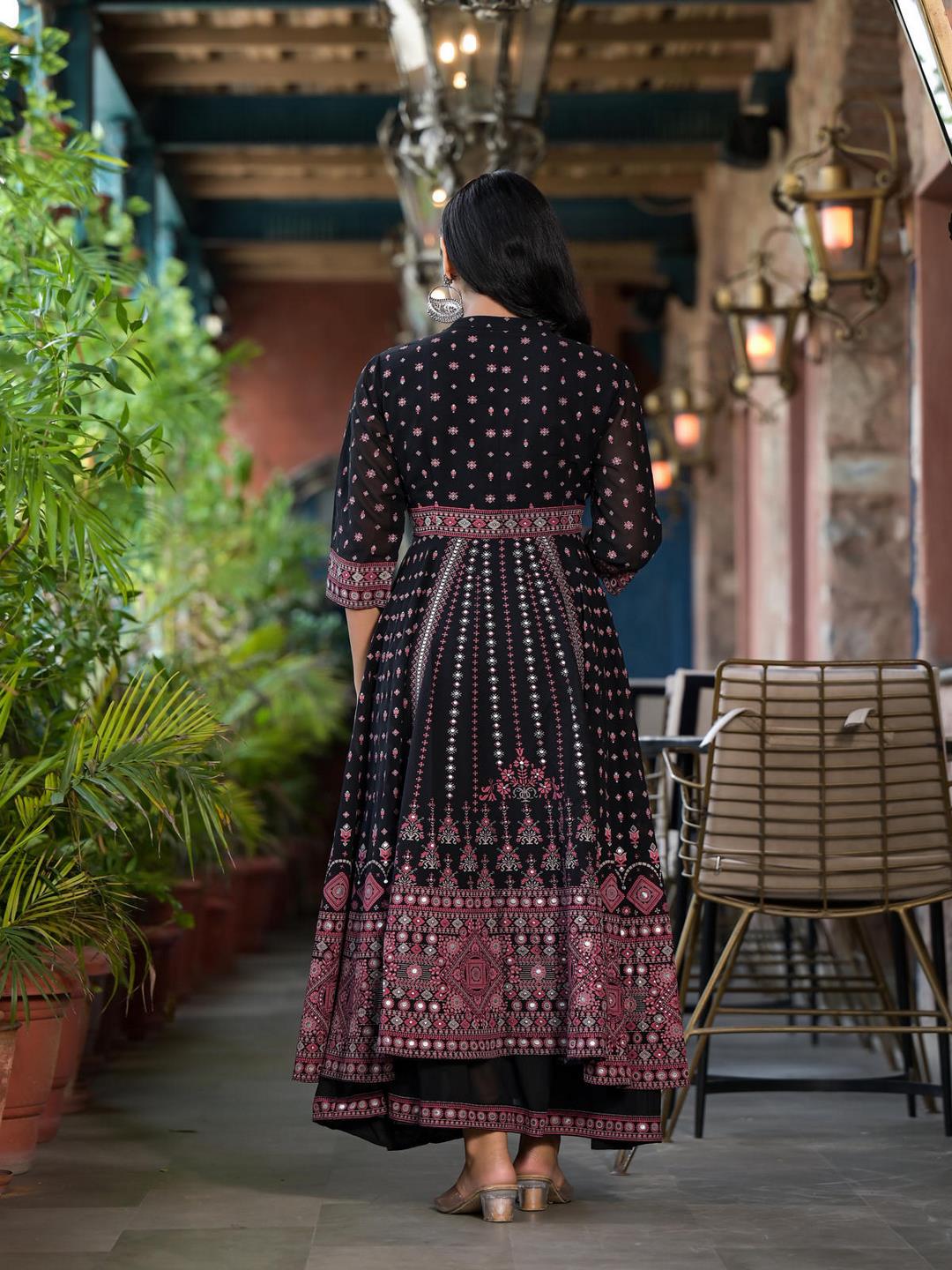 Black Ethnic Motif Printed Georgette A-Line Dress With Mirror Work & Sequins