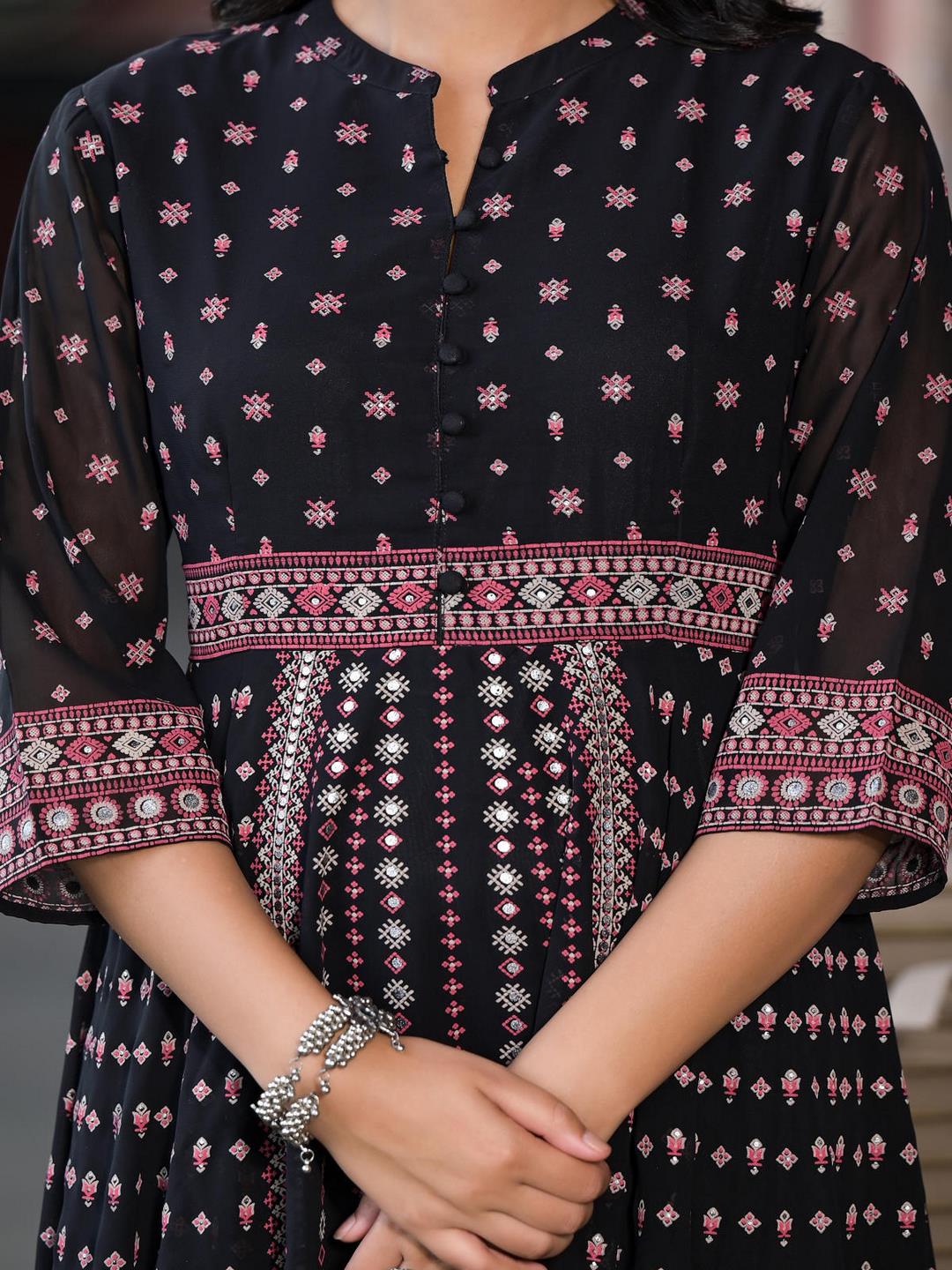 Black Ethnic Motif Printed Georgette A-Line Dress With Mirror Work & Sequins