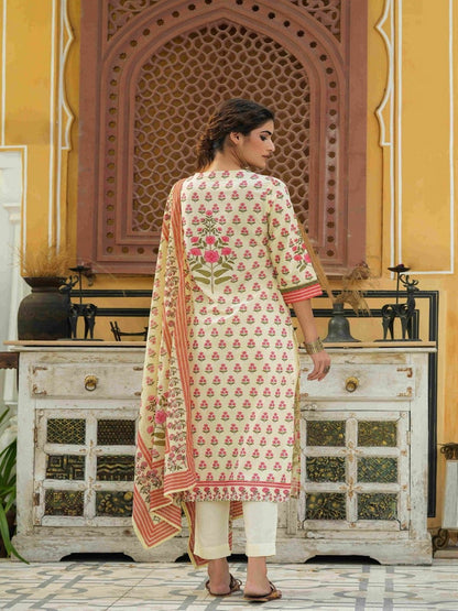 Ivory Ethnic Motif Printed Rayon Kurta Pants & Dupatta Set.